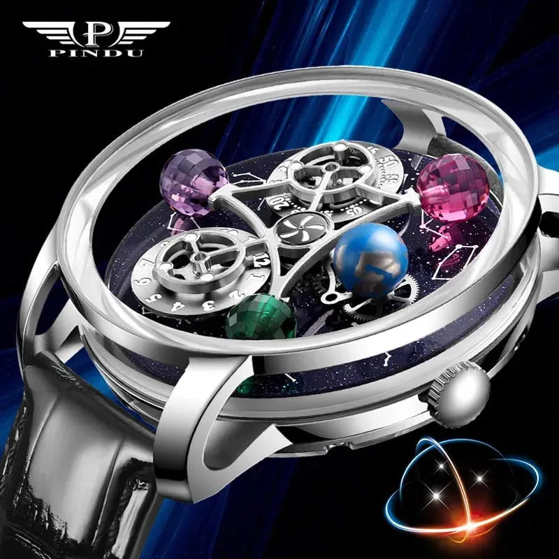 PINDU P6573 Starry Twelve Constellations watch angled front feature view gemstone planet spheres black leather strap silver case