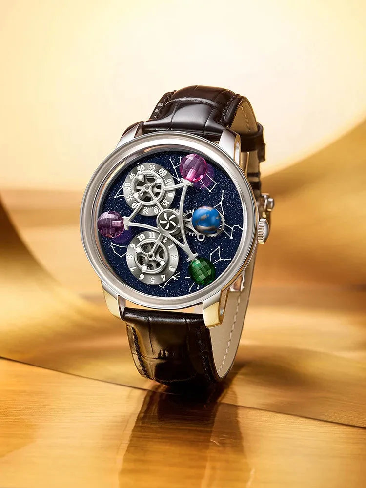 PINDU P6573 Starry Twelve Constellations watch lifestyle warm gold background silver case brown leather strap gemstone planet spheres