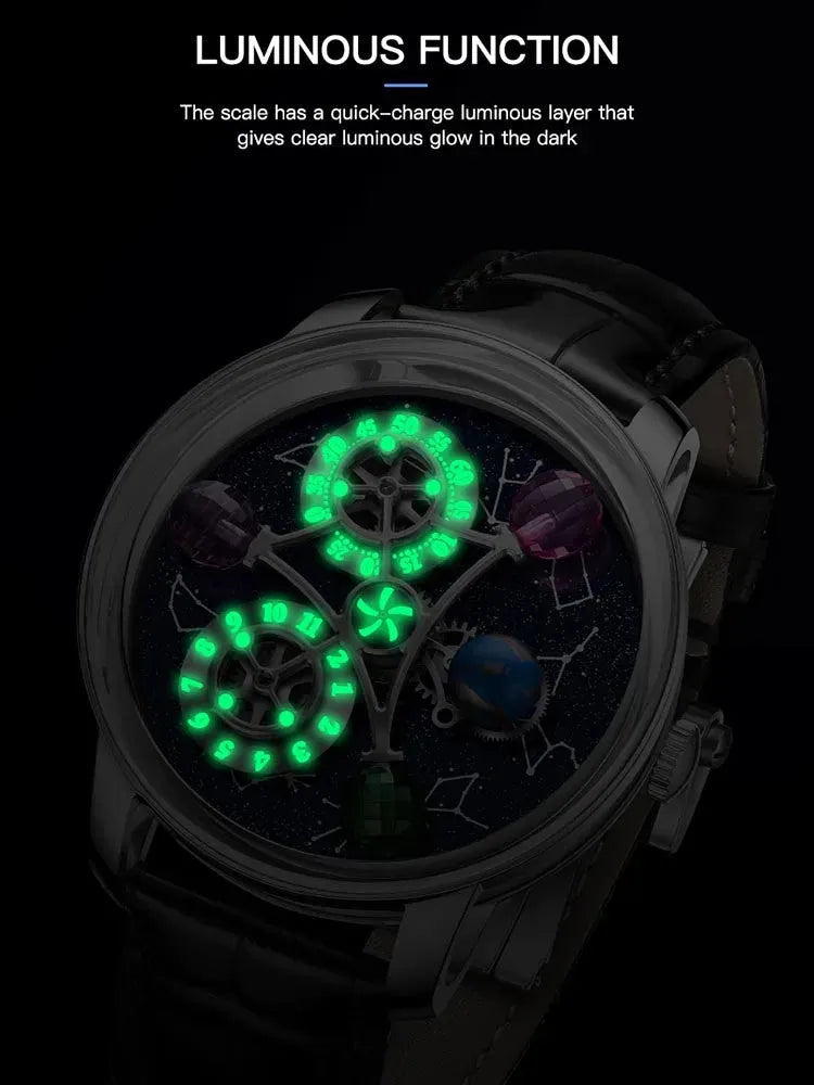 PINDU P6573 Starry Twelve Constellations watch luminous function green lume glow night view black leather strap