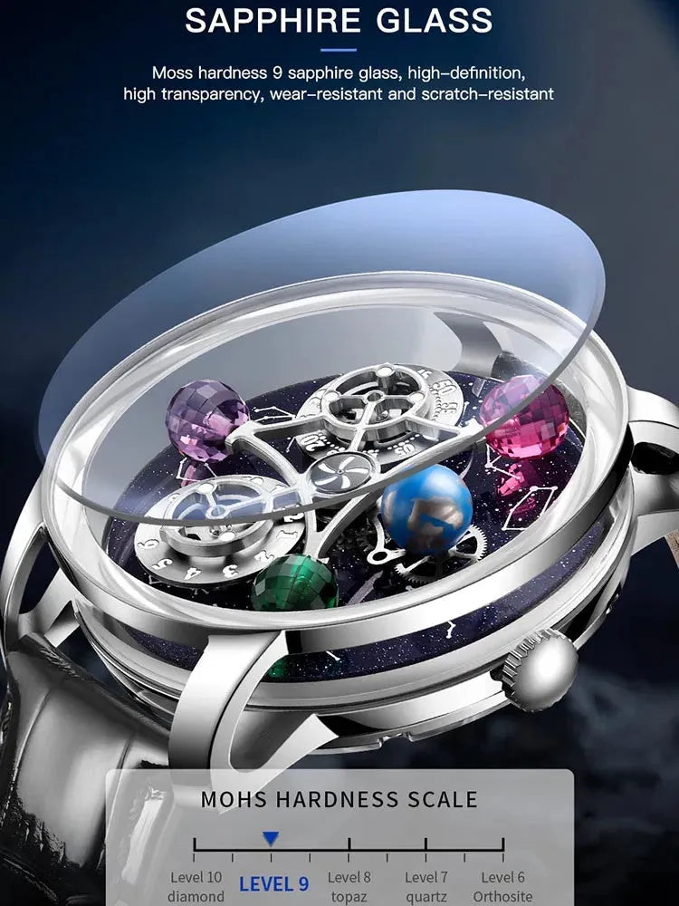 PINDU P6573 Starry Twelve Constellations sapphire glass dome close-up gemstone planet spheres mohs hardness 9 silver case