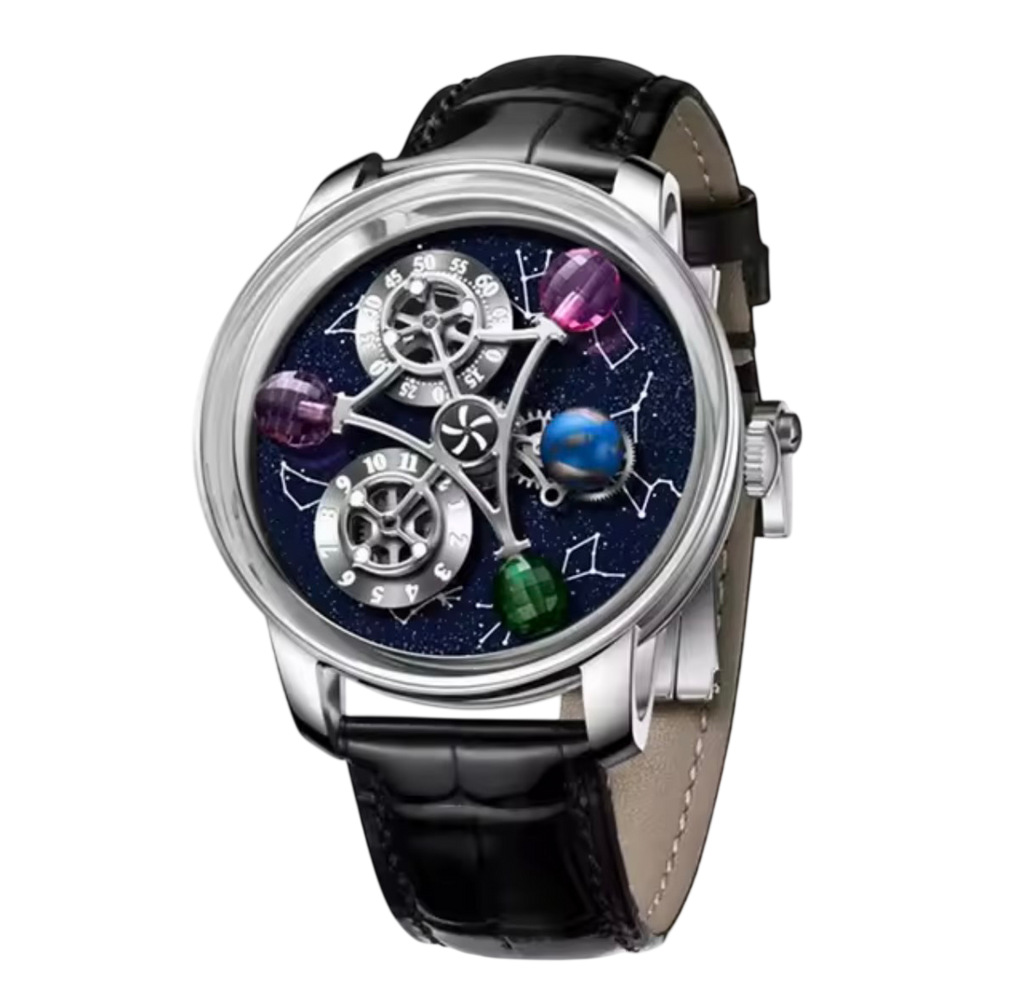 PINDU P6573 Starry Twelve Constellations watch silver case black leather strap gemstone planet spheres starfield dial front view