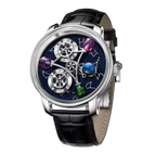 PINDU P6573 Starry Twelve Constellations watch silver case black leather strap gemstone planet spheres starfield dial front view