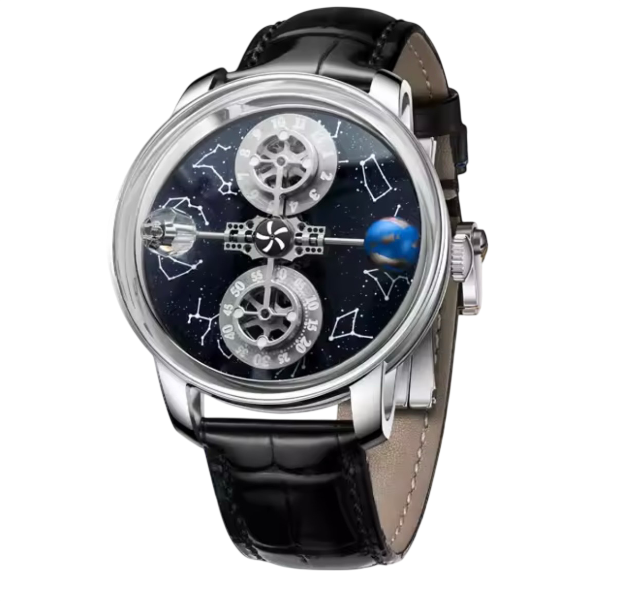 PINDU P6573 Starry Twelve Constellations watch silver case black leather strap blue starfield constellation dial front view