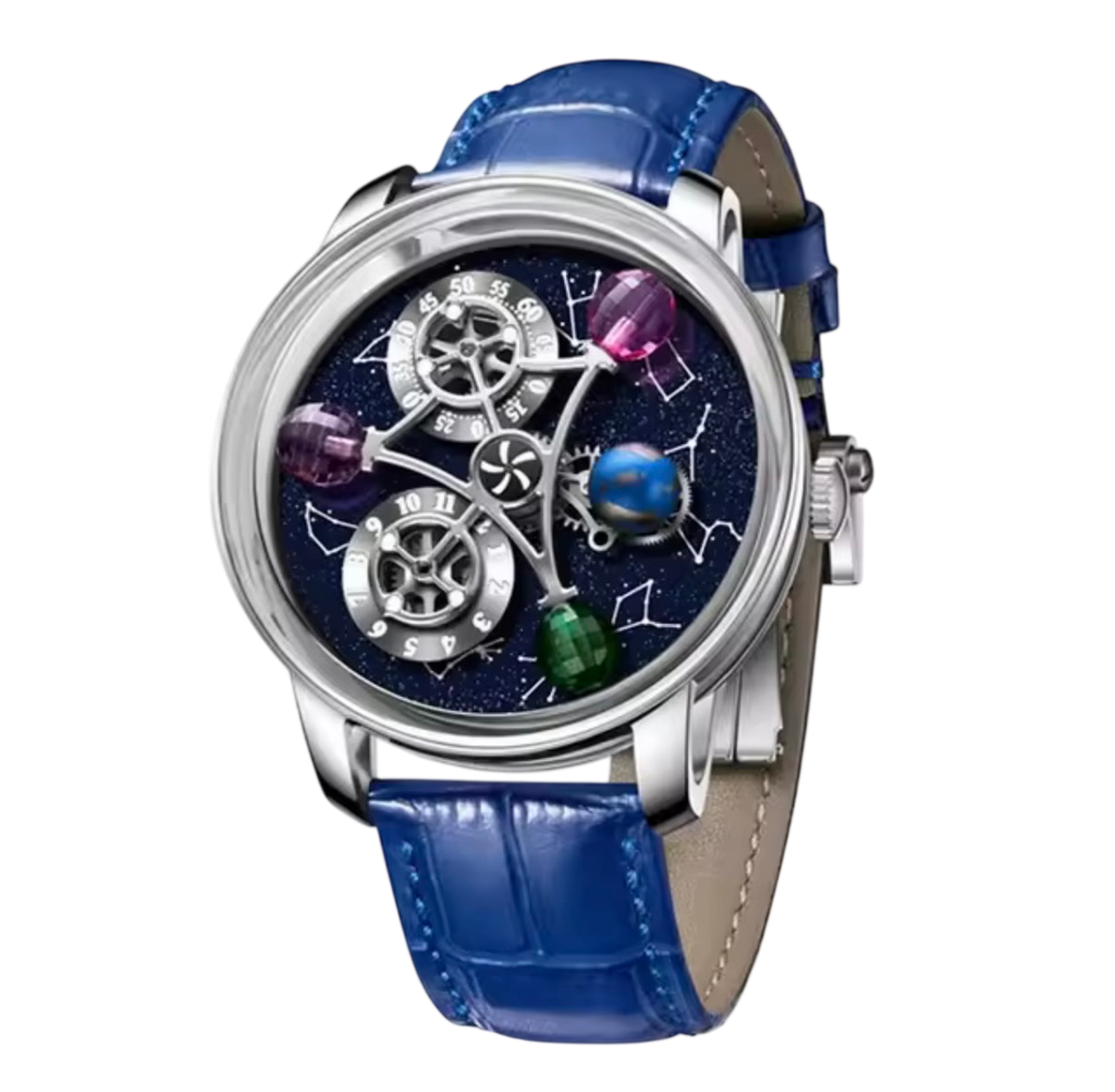 PINDU P6573 Starry Twelve Constellations watch silver case blue leather strap gemstone planet spheres constellation dial front view