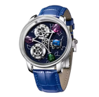 PINDU P6573 Starry Twelve Constellations watch silver case blue leather strap gemstone planet spheres constellation dial front view