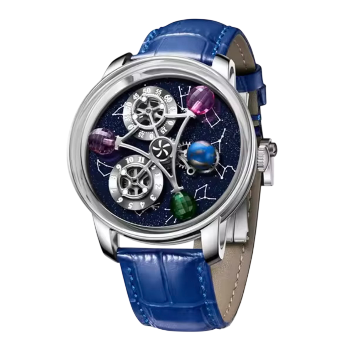PINDU P6573 Starry Twelve Constellations watch silver case blue leather strap gemstone planet spheres constellation dial front view