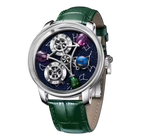 PINDU P6573 Starry Twelve Constellations watch silver case green leather strap gemstone planet spheres constellation dial front view