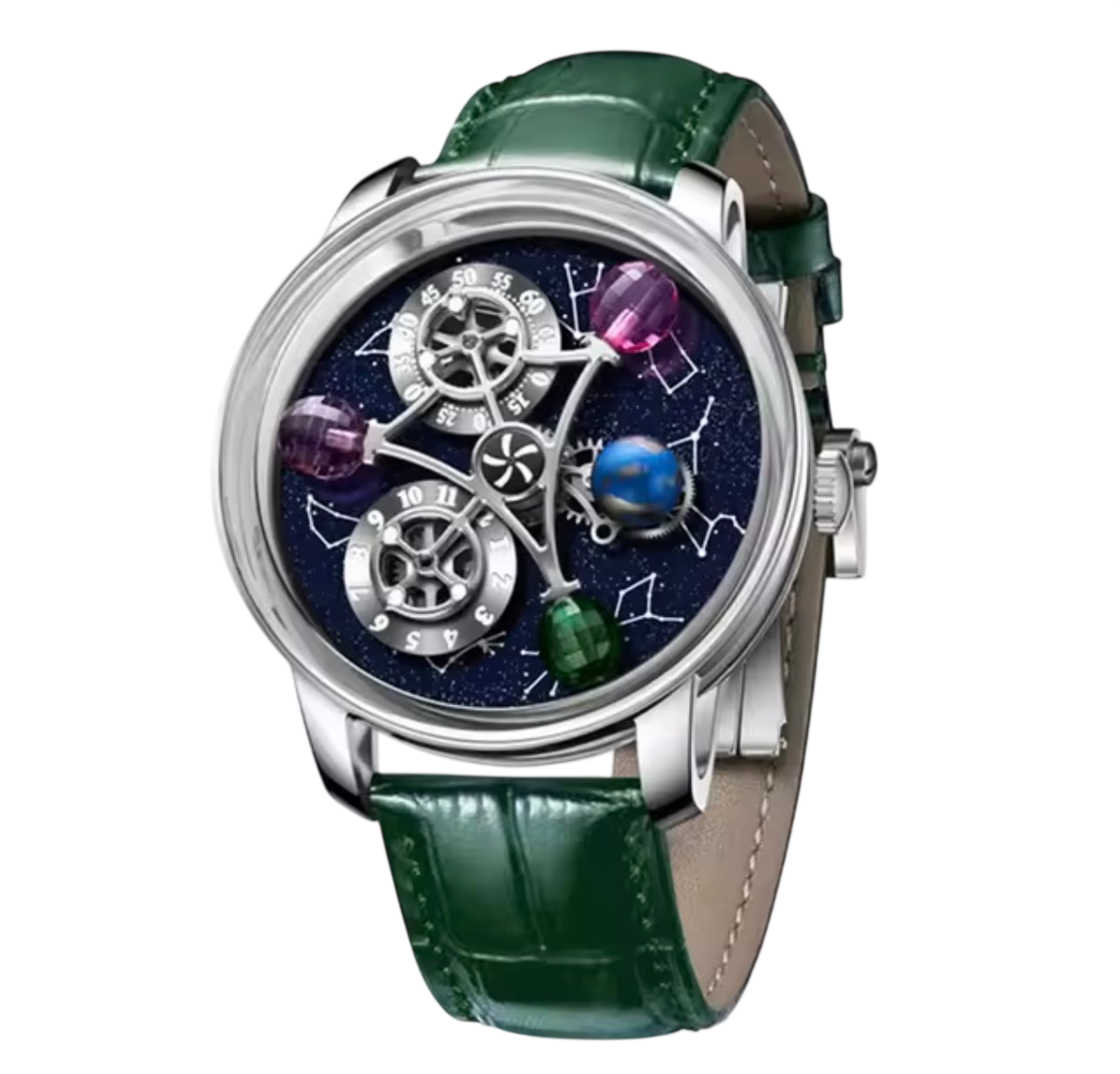 PINDU P6573 Starry Twelve Constellations watch silver case green leather strap gemstone planet spheres constellation dial front view