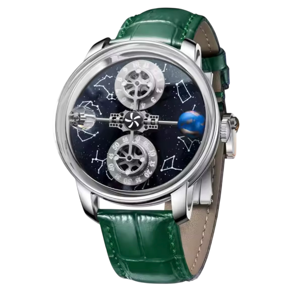 PINDU P6573 Starry Twelve Constellations watch silver case green leather strap blue starfield constellation dial front view