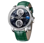 PINDU P6573 Starry Twelve Constellations watch silver case green leather strap blue starfield constellation dial front view