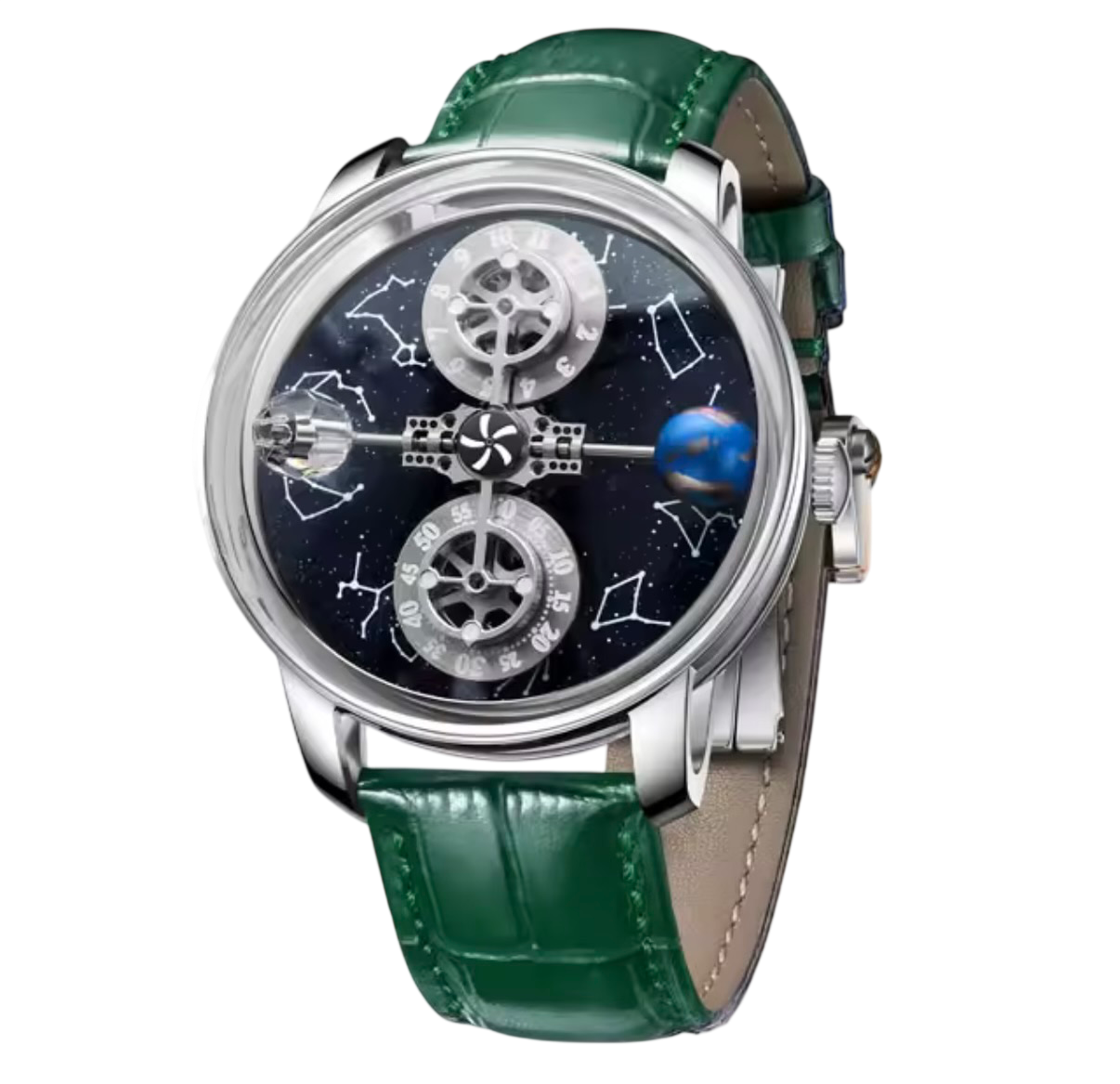 PINDU P6573 Starry Twelve Constellations watch silver case green leather strap blue starfield constellation dial front view