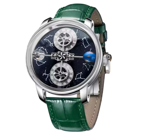 PINDU P6573 Starry Twelve Constellations watch silver case green leather strap blue starfield constellation dial front view