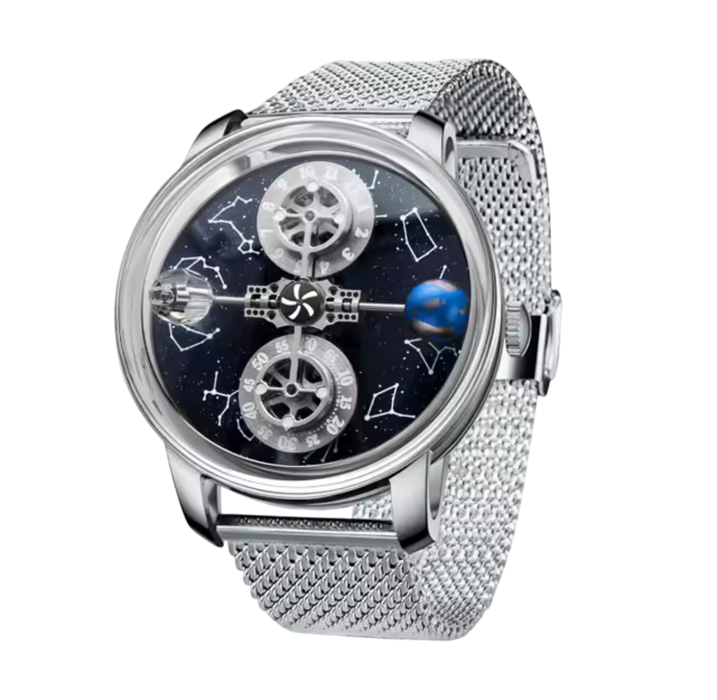 PINDU P6573 Starry Twelve Constellations watch silver case silver mesh bracelet blue starfield constellation dial front view