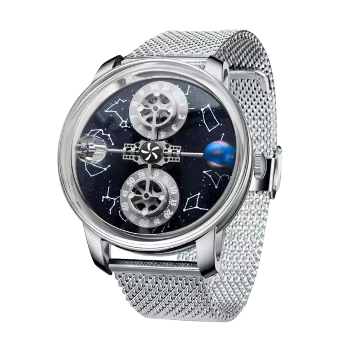 PINDU P6573 Starry Twelve Constellations watch silver case silver mesh bracelet blue starfield constellation dial front view