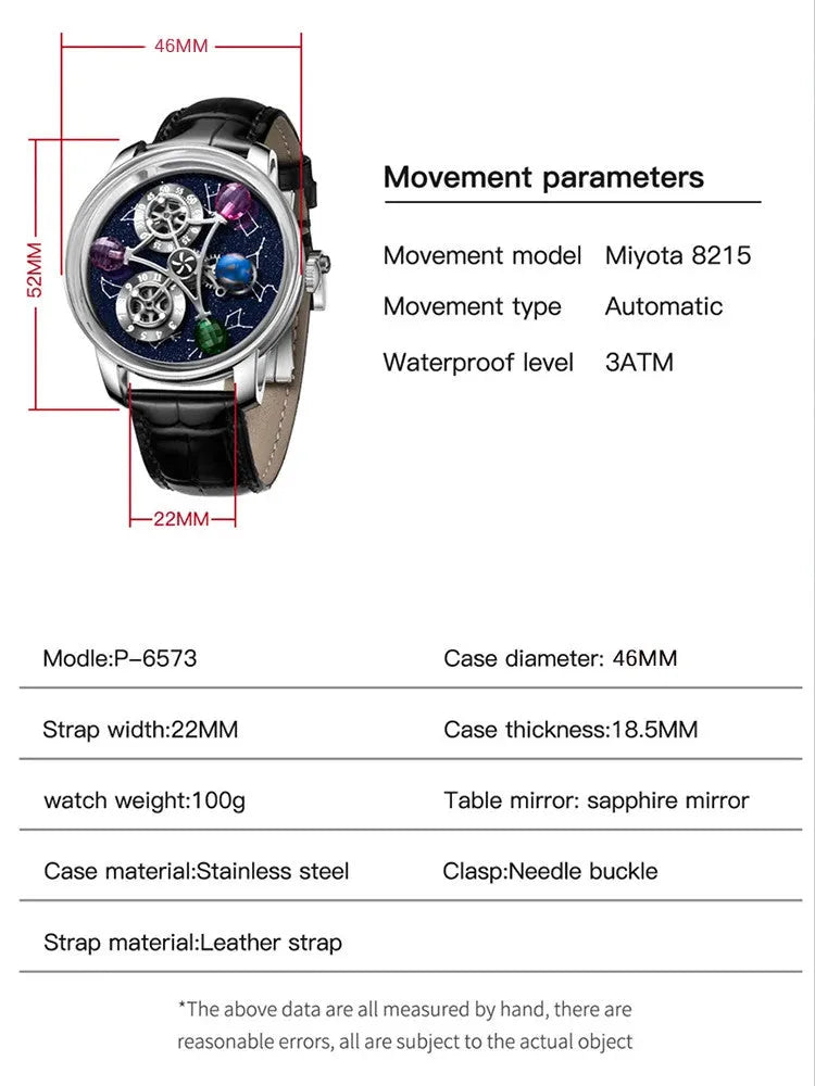 PINDU P6573 Starry Twelve Constellations watch specifications 46mm Miyota 8215 automatic sapphire 3ATM leather strap