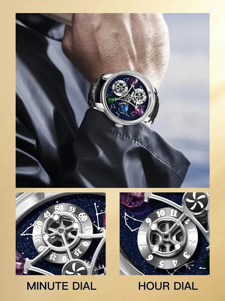 PINDU P6573 Starry Twelve Constellations watch on wrist black leather strap rotating minute hour dial detail callout