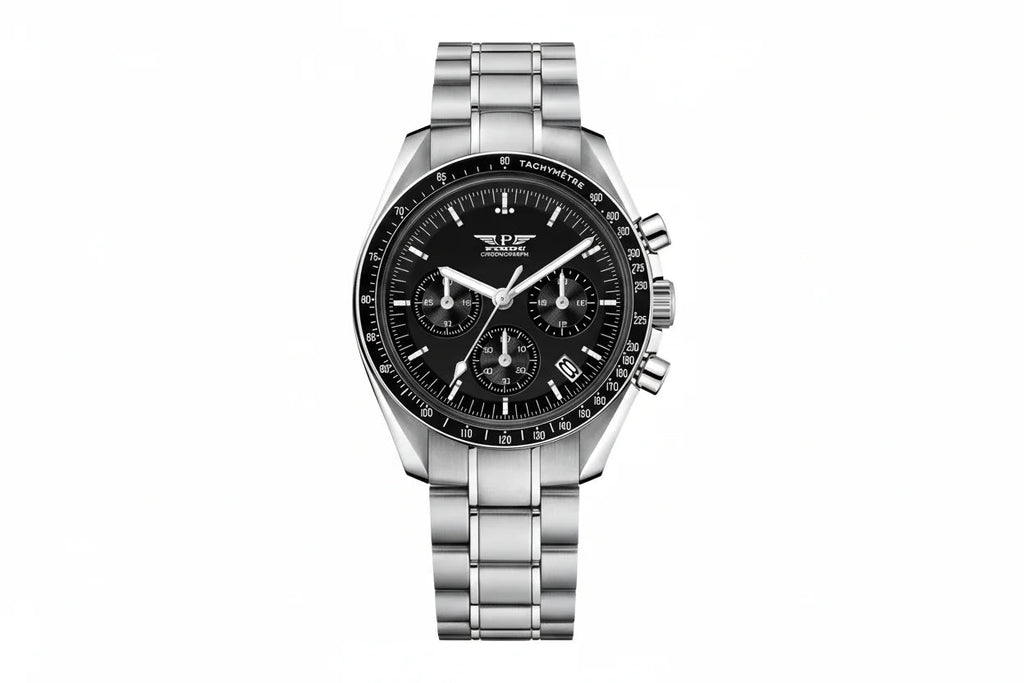 PINDU P6576 moon watch tribute chronograph black dial dark tachymetre bezel silver case steel bracelet front view