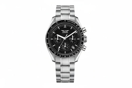 PINDU P6576 moon watch tribute chronograph black dial dark tachymetre bezel silver case steel bracelet front view
