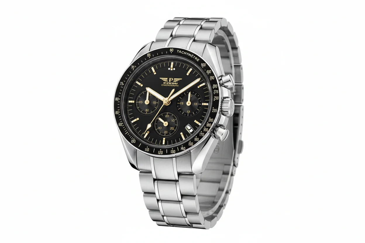 PINDU P6576 moon watch tribute chronograph black gold lume dial tachymetre bezel steel bracelet 3/4 side view