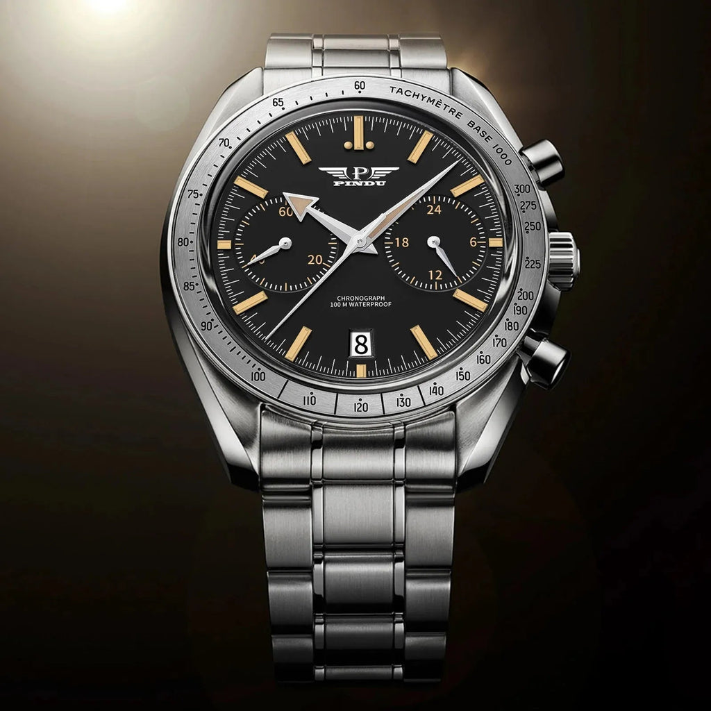 PINDU P6576 speedmaster tribute chronograph lifestyle warm dramatic light vintage black gold dial steel bracelet