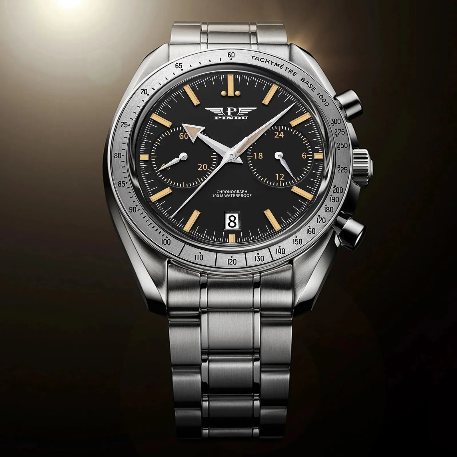 PINDU P6576 speedmaster tribute chronograph lifestyle warm dramatic light vintage black gold dial steel bracelet