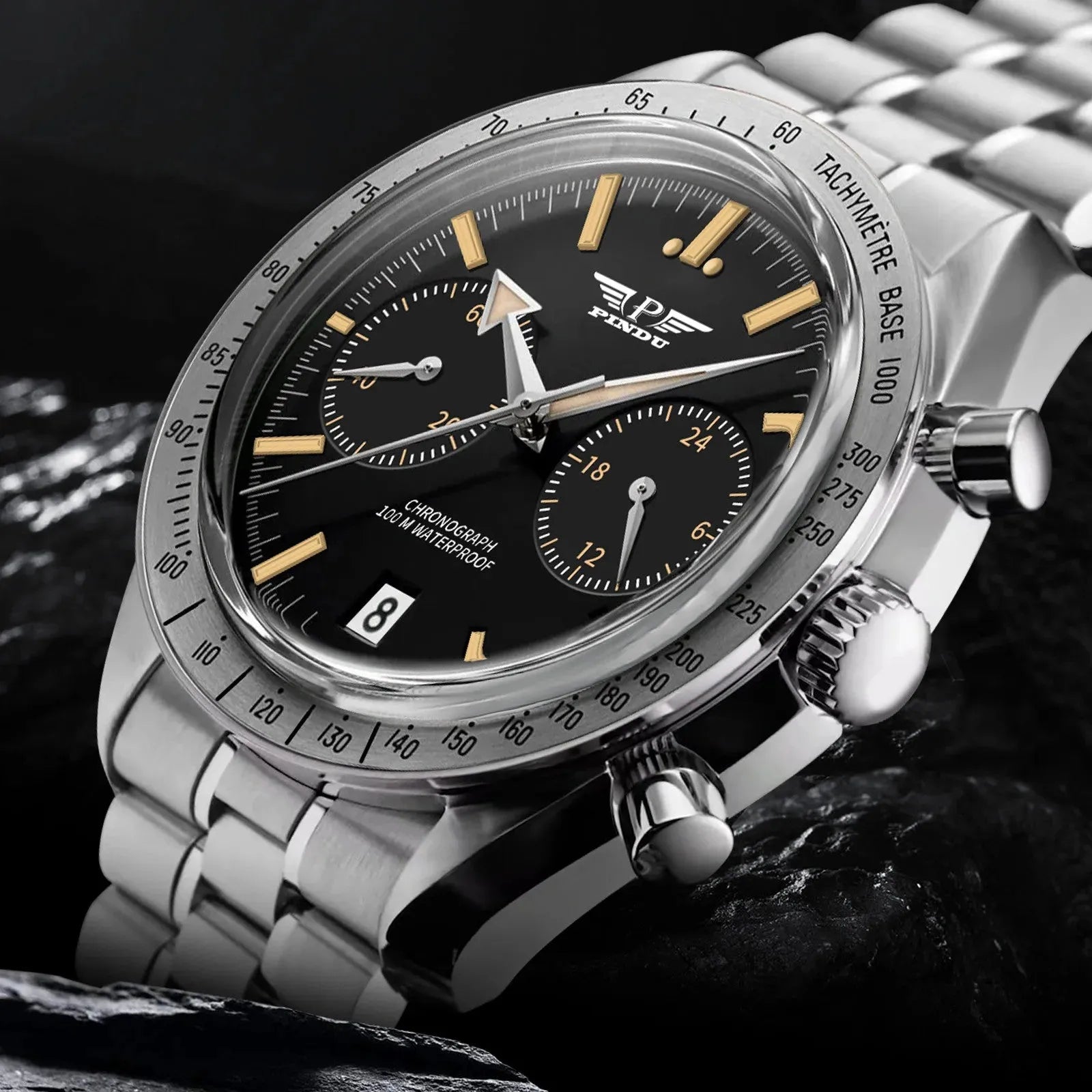 PINDU P6576 moon watch tribute chronograph lifestyle wet rock black vintage gold lume dial steel bracelet