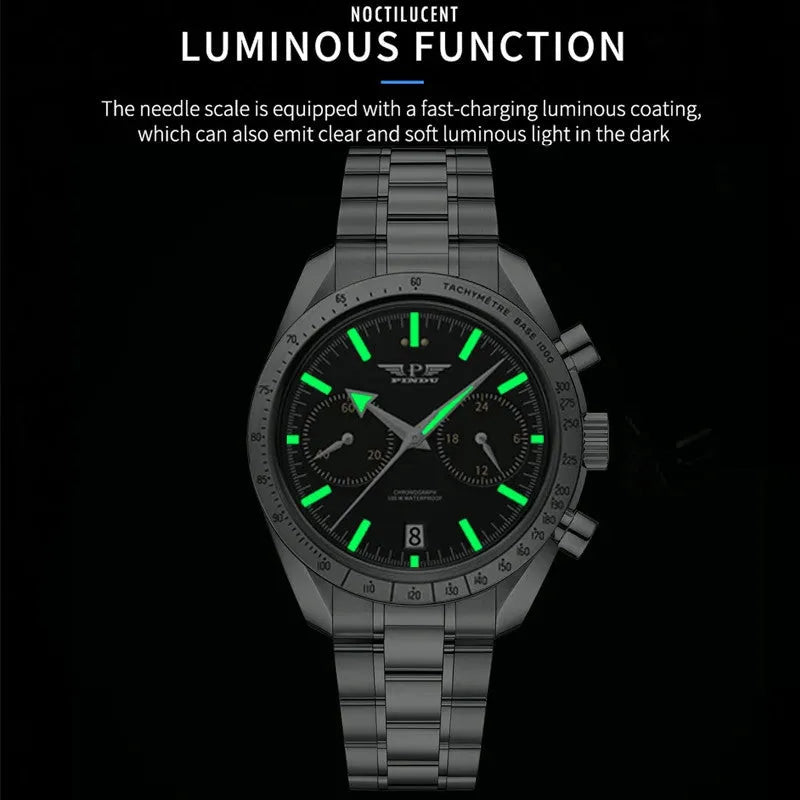 PINDU P6576 moon watch tribute chronograph luminous function green lume glow black dial tachymetre bezel dark