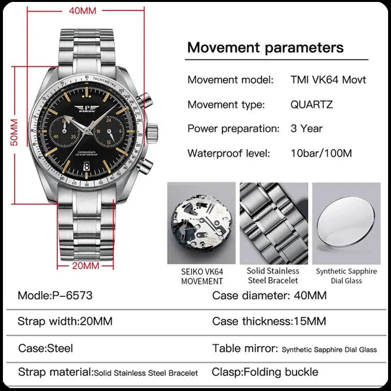 PINDU P6576 speedmaster tribute chronograph specifications 40mm Seiko VK64 quartz movement sapphire glass 100M waterproof