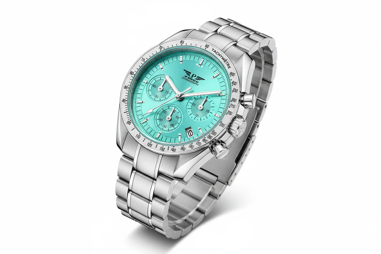 PINDU P6576 moon watch tribute chronograph teal turquoise dial silver tachymetre bezel steel bracelet angled view