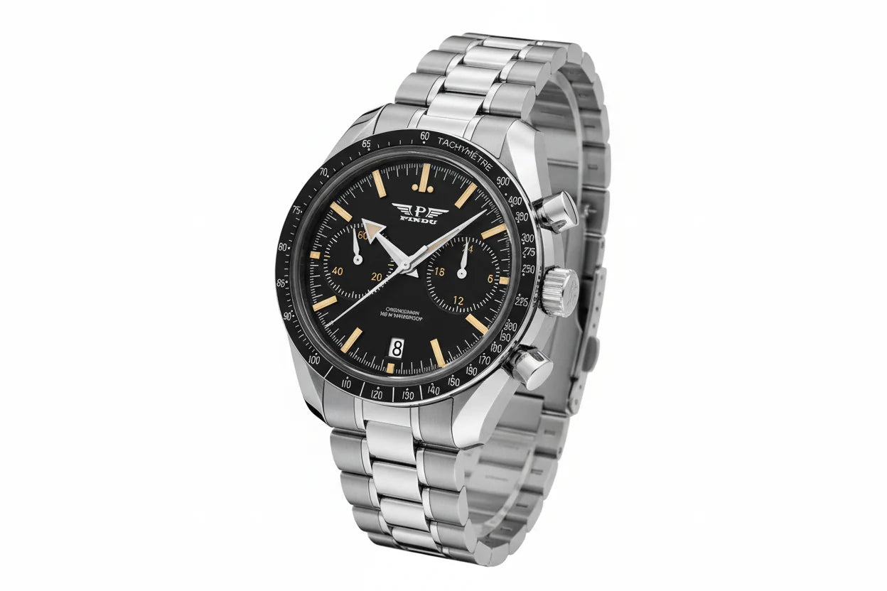 PINDU P6576 speedmaster tribute chronograph vintage black gold lume dial black tachymetre bezel steel bracelet angled view