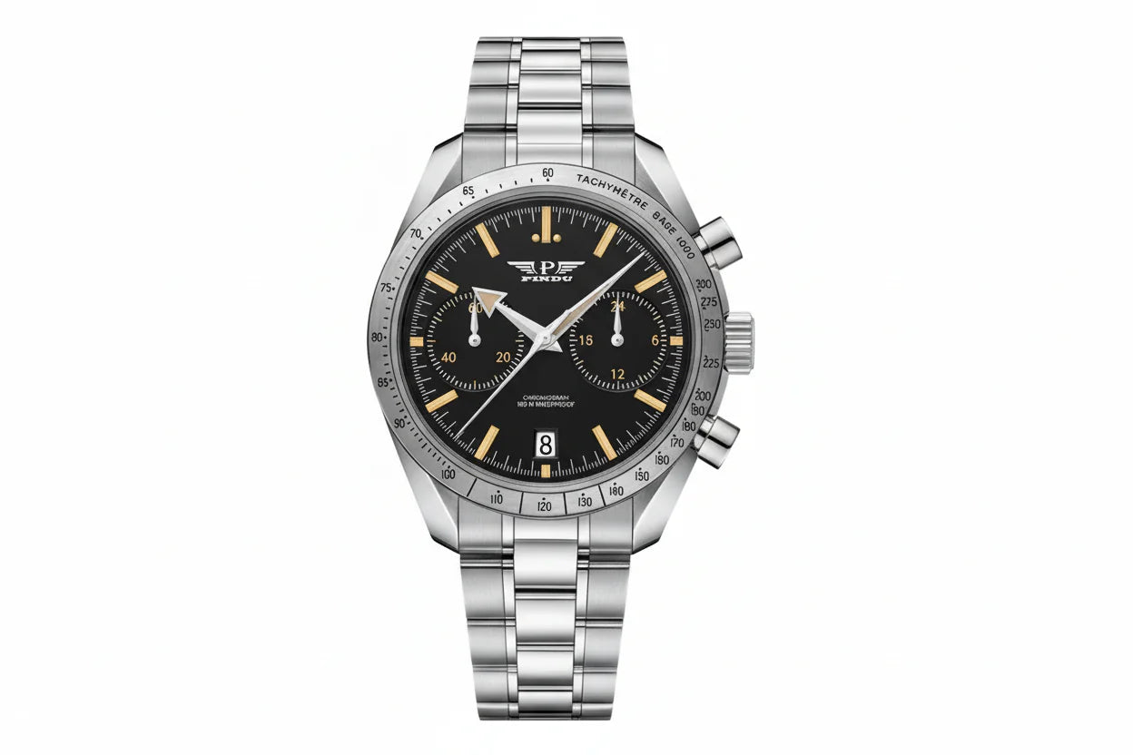 PINDU P6576 moon watch tribute chronograph vintage black dial gold lume markers tachymetre bezel steel bracelet front view
