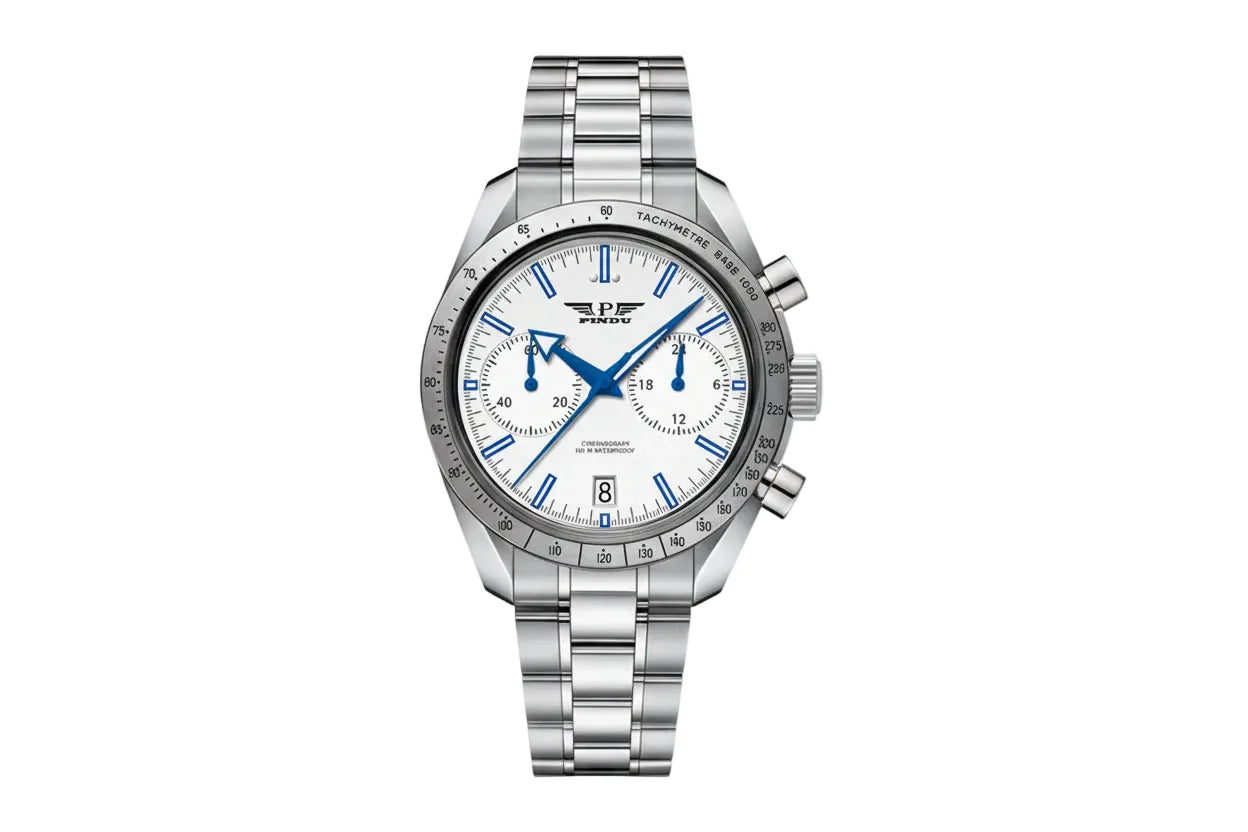 PINDU P6576 Tribute to Moon Watch chronograph white blue dial tachymetre bezel silver case steel bracelet front view