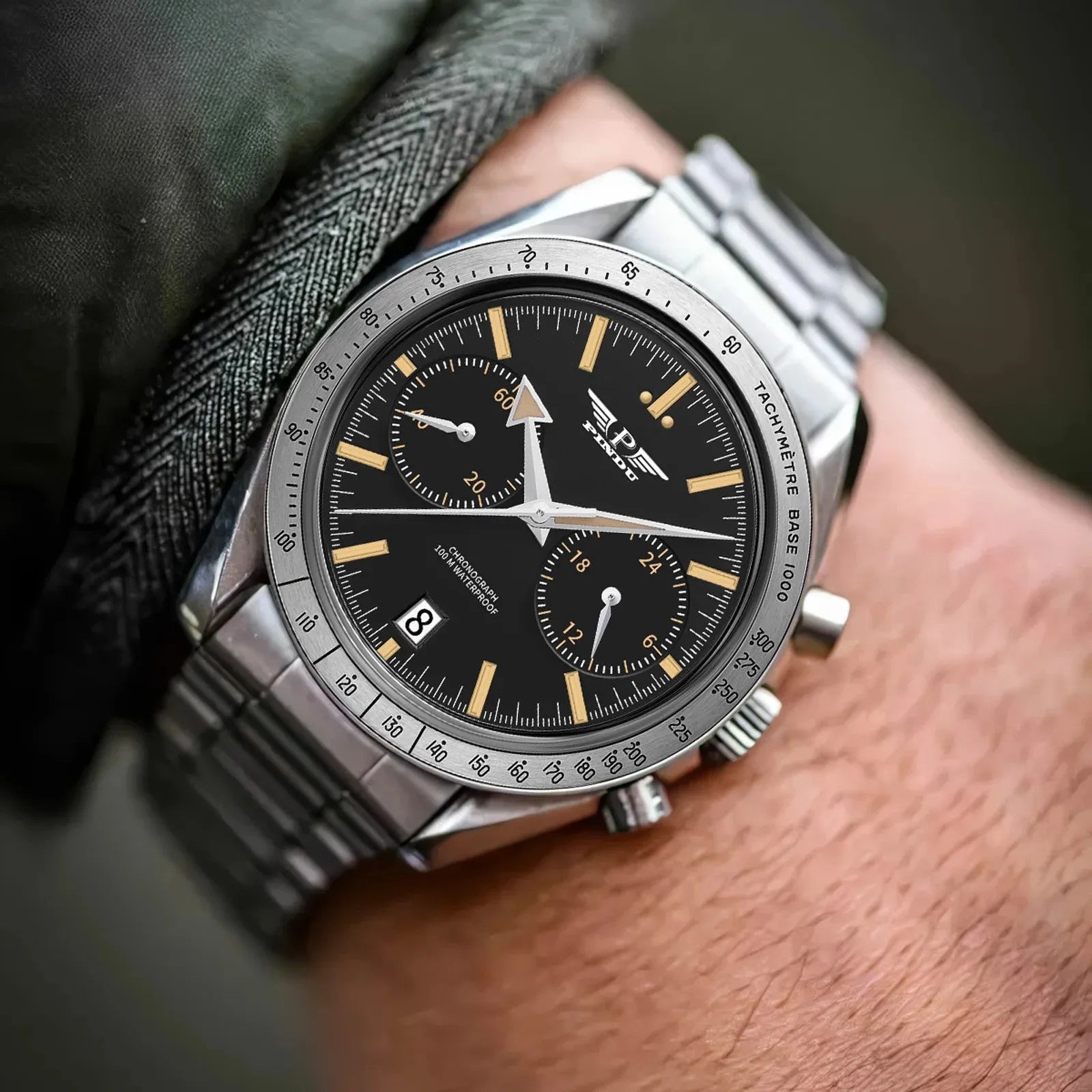 PINDU P6576 speedmaster tribute chronograph on wrist vintage black gold lume dial tachymetre bezel steel bracelet