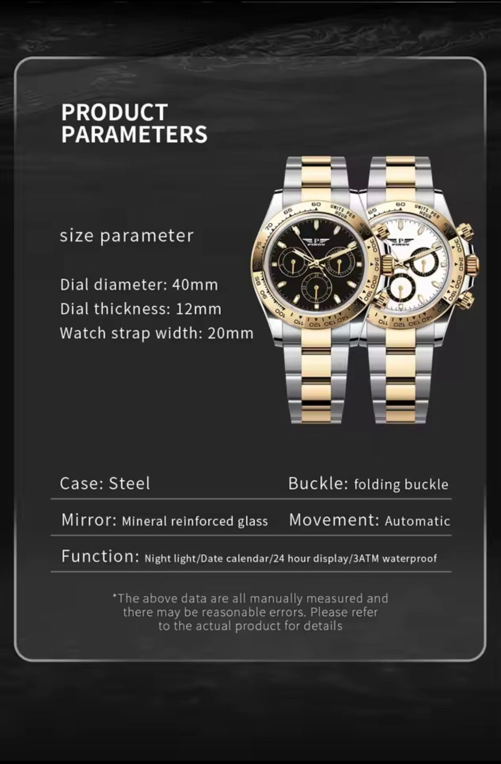 PINDU P6589 automatic chronograph watch black dial function callout week display 24h subdial calendar crown