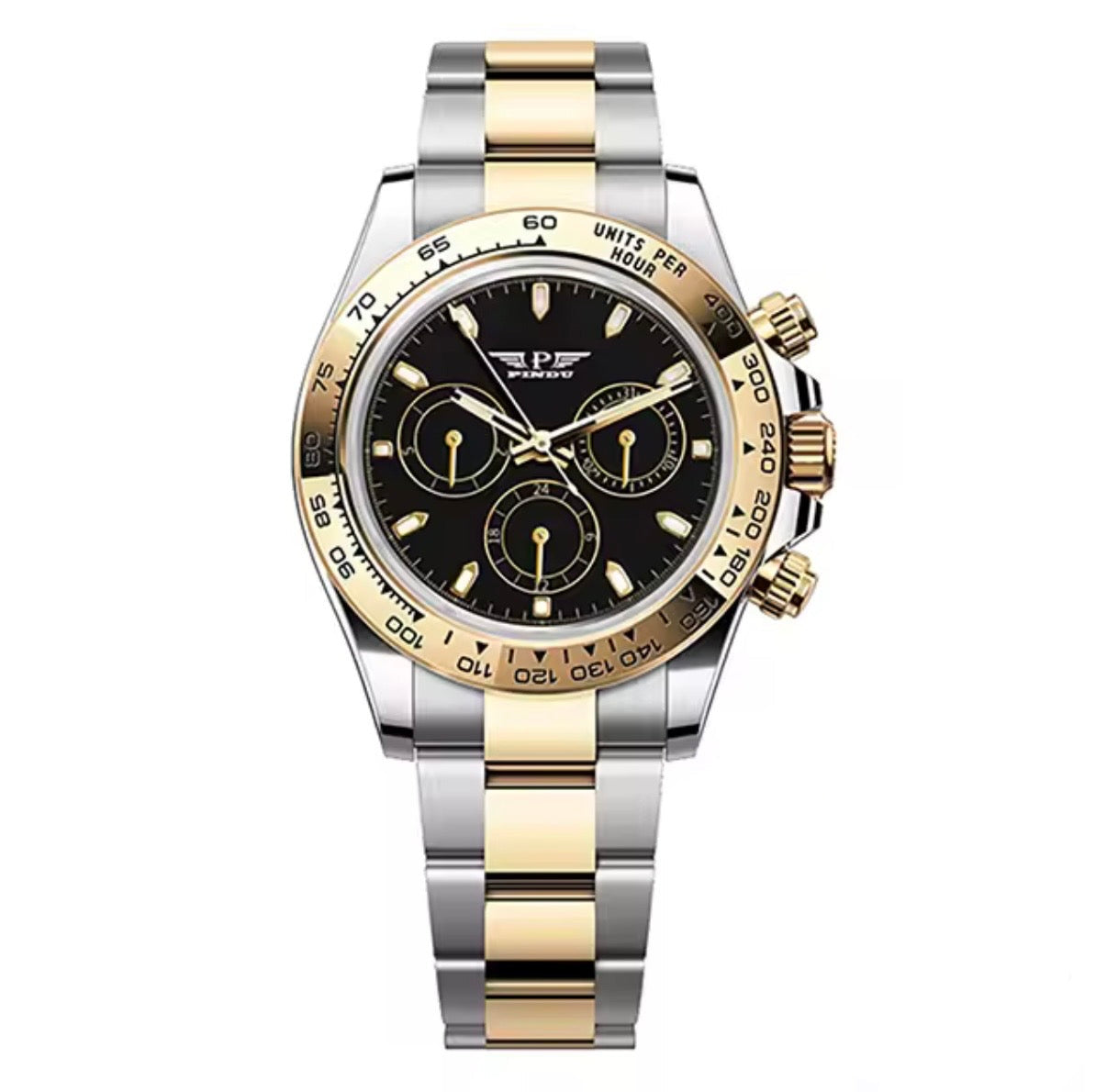 PINDU P6589 automatic chronograph watch two-tone case black dial gold bezel steel bracelet front view