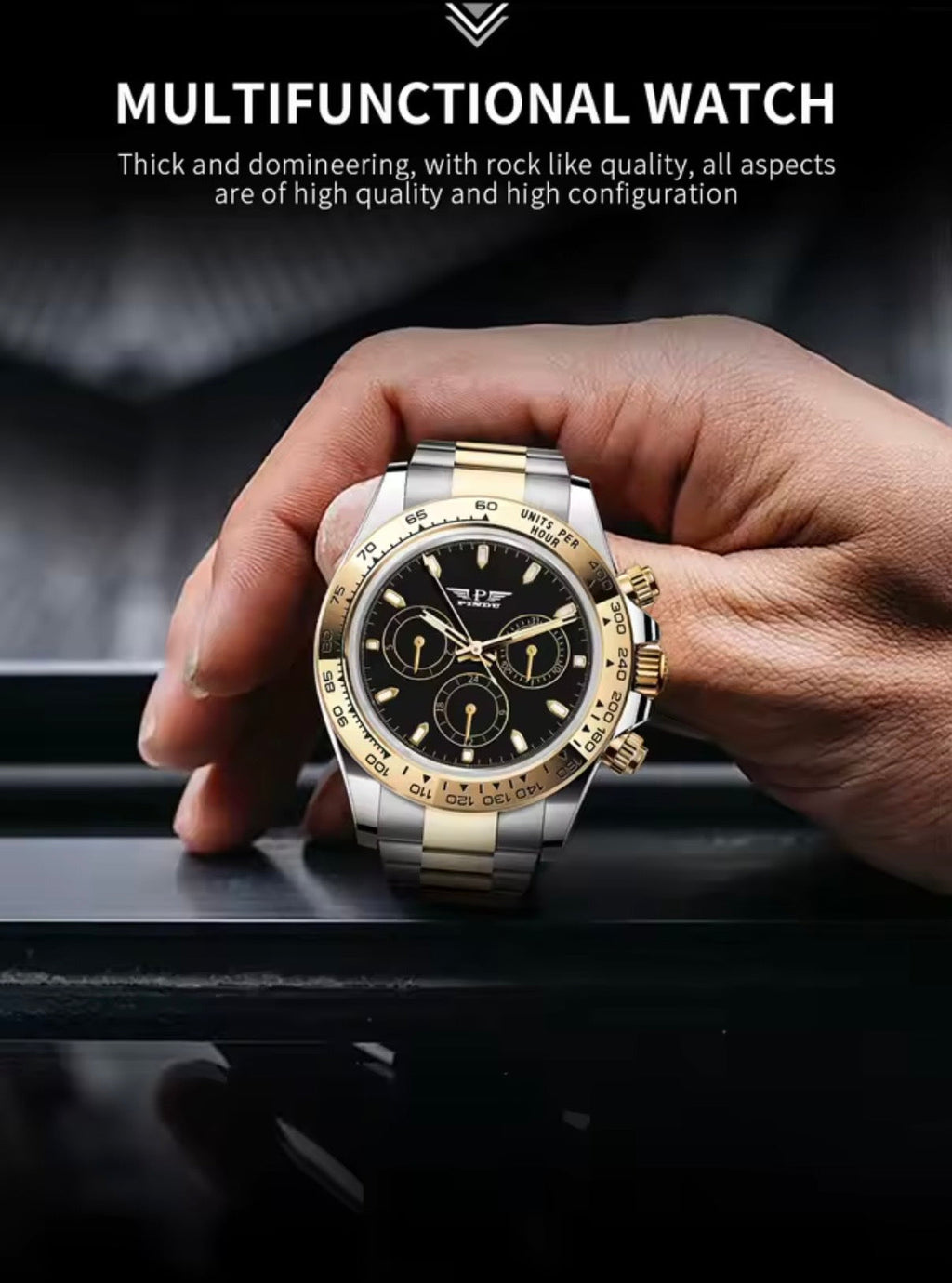 PINDU P6589 automatic chronograph watch two-tone case black dial multifunctional subdials hand hold lifestyle shot
