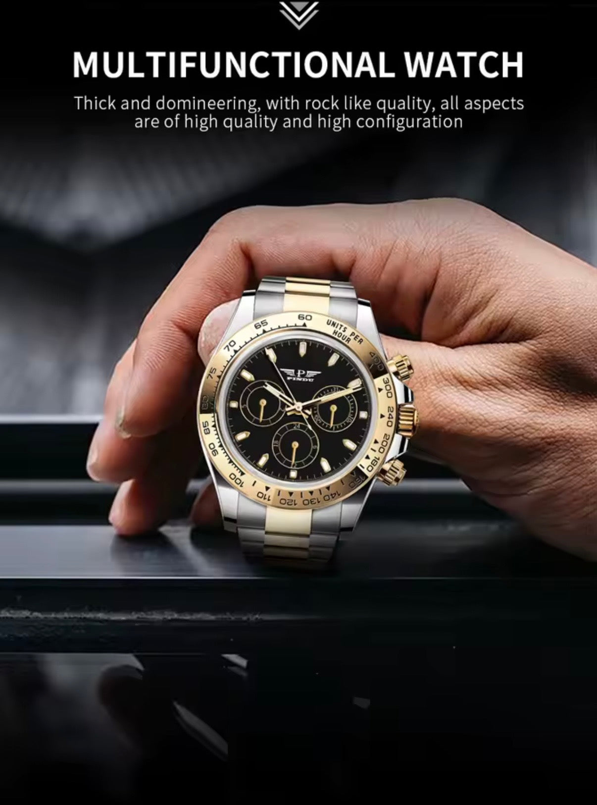PINDU P6589 automatic chronograph watch two-tone case black dial multifunctional subdials hand hold lifestyle shot