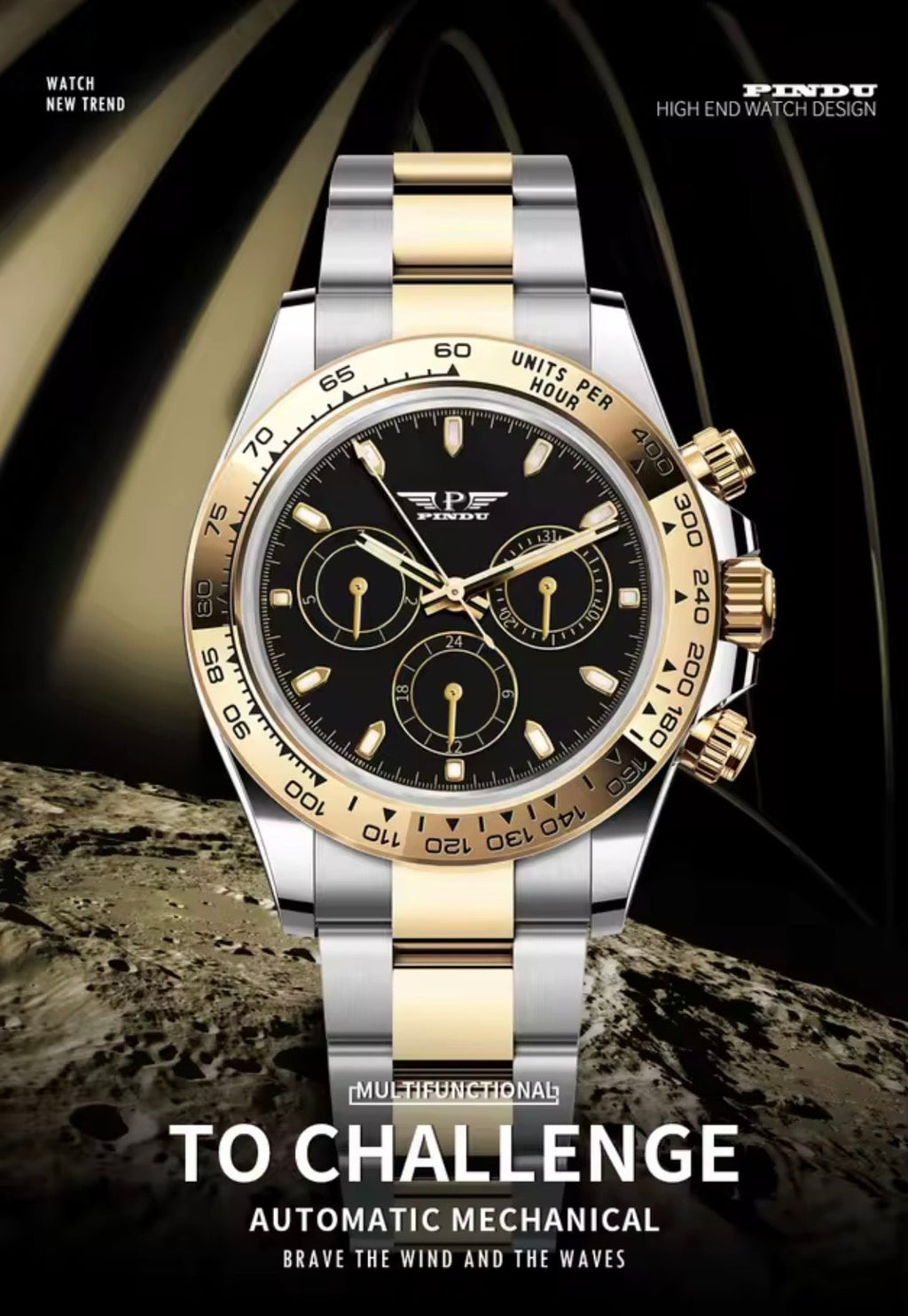 PINDU P6589 automatic chronograph watch two-tone case black dial gold bezel marketing campaign lifestyle shot