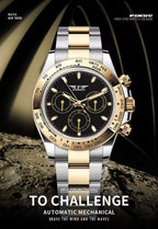 PINDU P6589 automatic chronograph watch two-tone case black dial gold bezel marketing campaign lifestyle shot