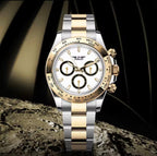 PINDU P6589 automatic chronograph watch two-tone case black dial gold bezel steel bracelet lifestyle shot