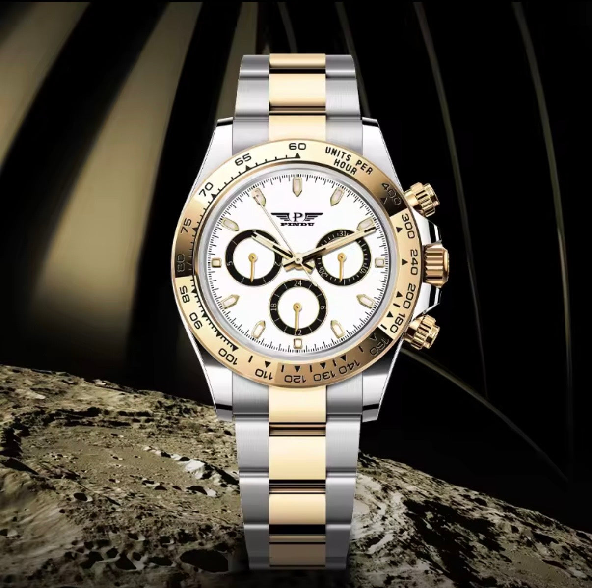 PINDU P6589 automatic chronograph watch two-tone case black dial gold bezel steel bracelet lifestyle shot