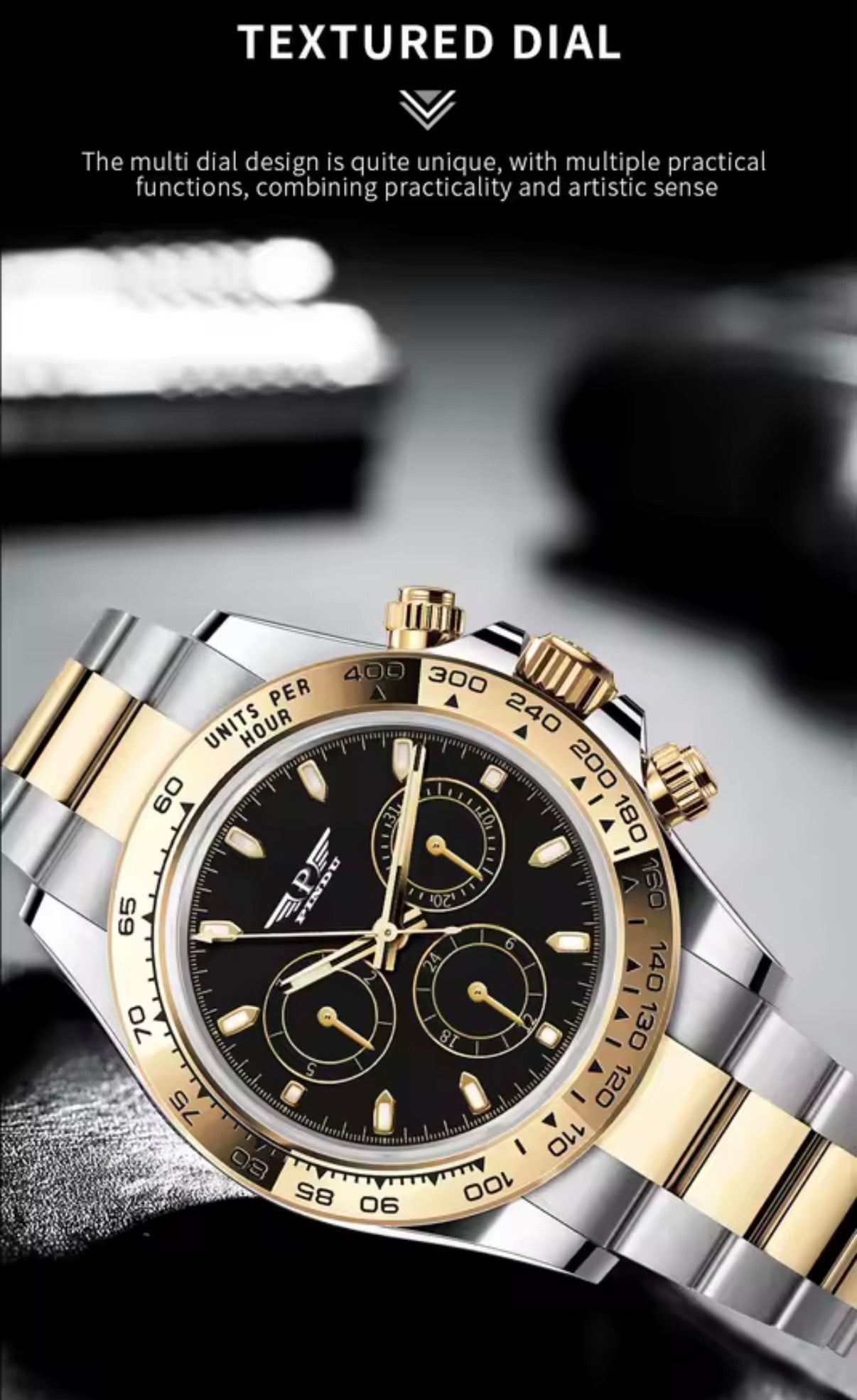 PINDU P6589 automatic chronograph watch two-tone case black dial textured subdials gold markers dial close-up
