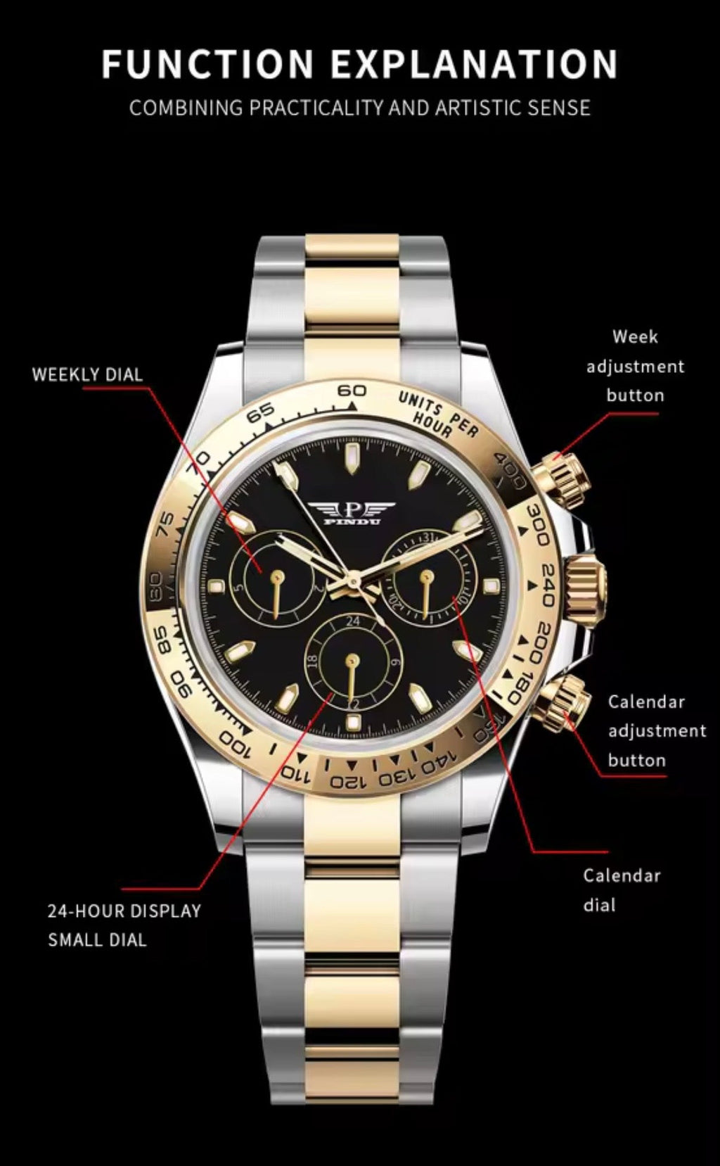 PINDU P6589 automatic chronograph watch product specifications 40mm two-tone case mineral glass folding clasp