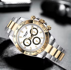 PINDU P6589 automatic chronograph watch two-tone case white dial gold bezel steel bracelet angle view