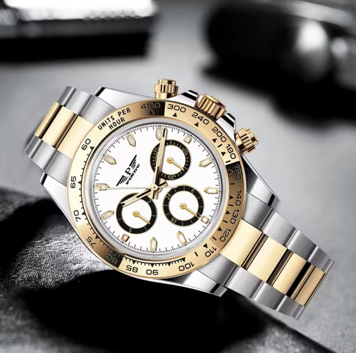 PINDU P6589 automatic chronograph watch two-tone case white dial gold bezel steel bracelet angle view
