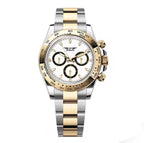 PINDU P6589 automatic chronograph watch two-tone case white dial gold bezel steel bracelet front view