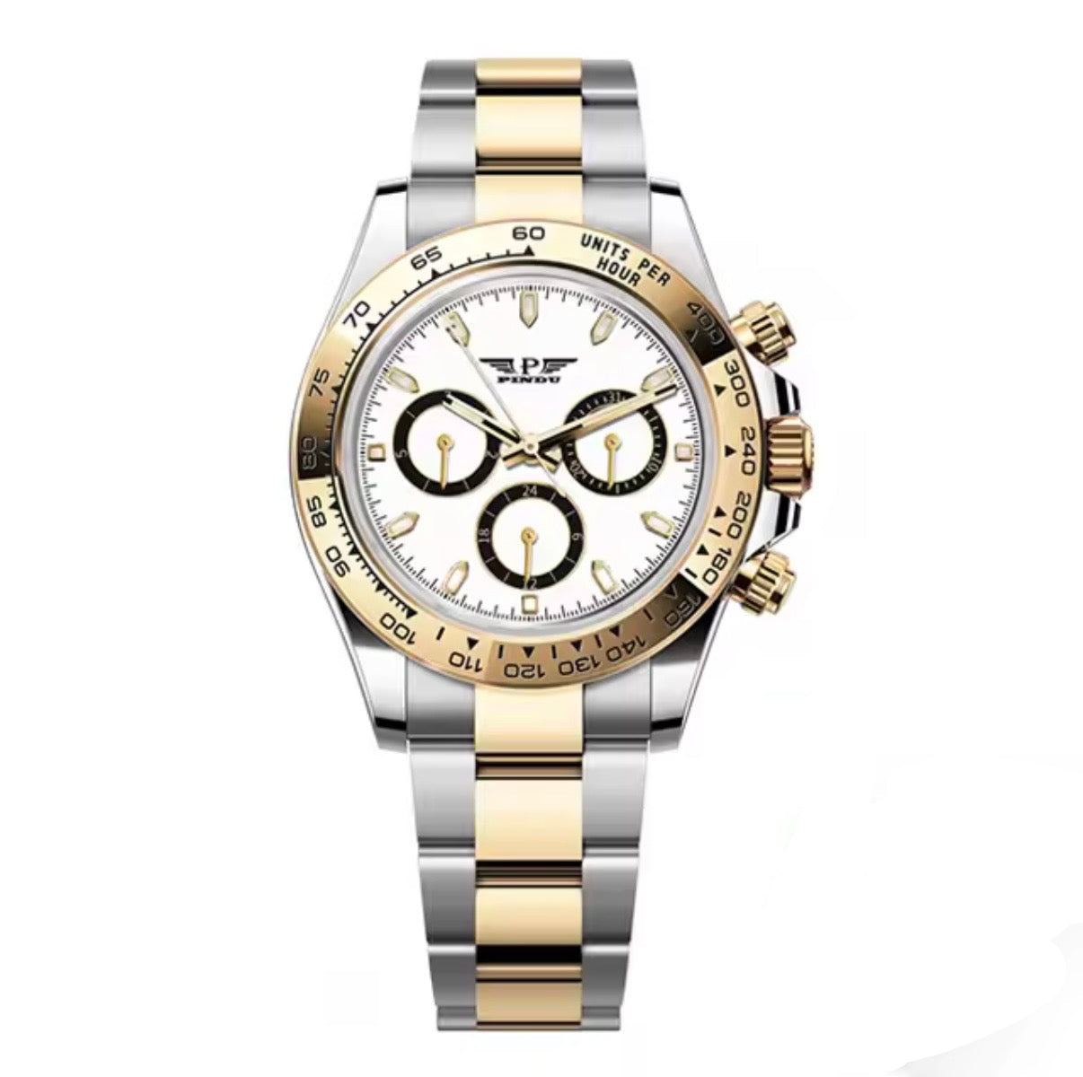 PINDU P6589 automatic chronograph watch two-tone case white dial gold bezel steel bracelet front view
