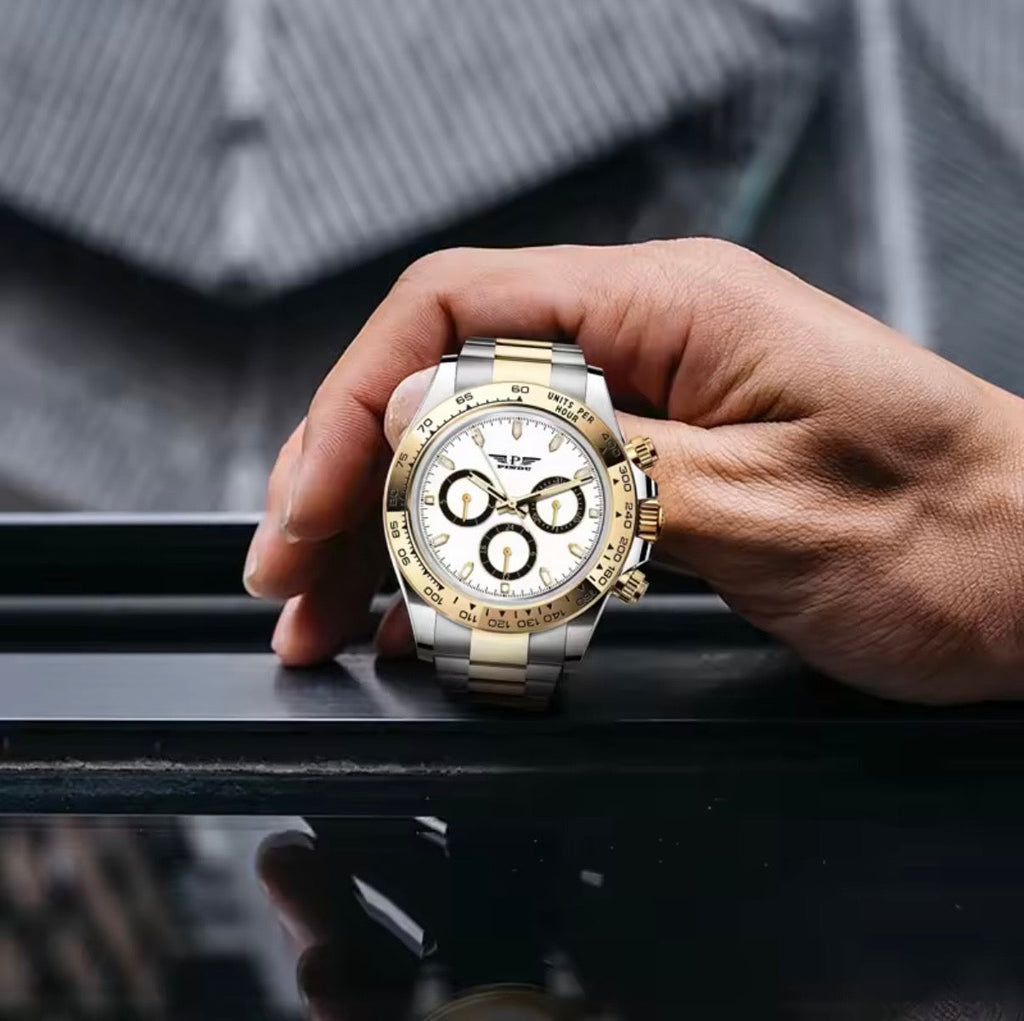 PINDU P6589 automatic chronograph watch two-tone case white dial gold bezel steel bracelet side view