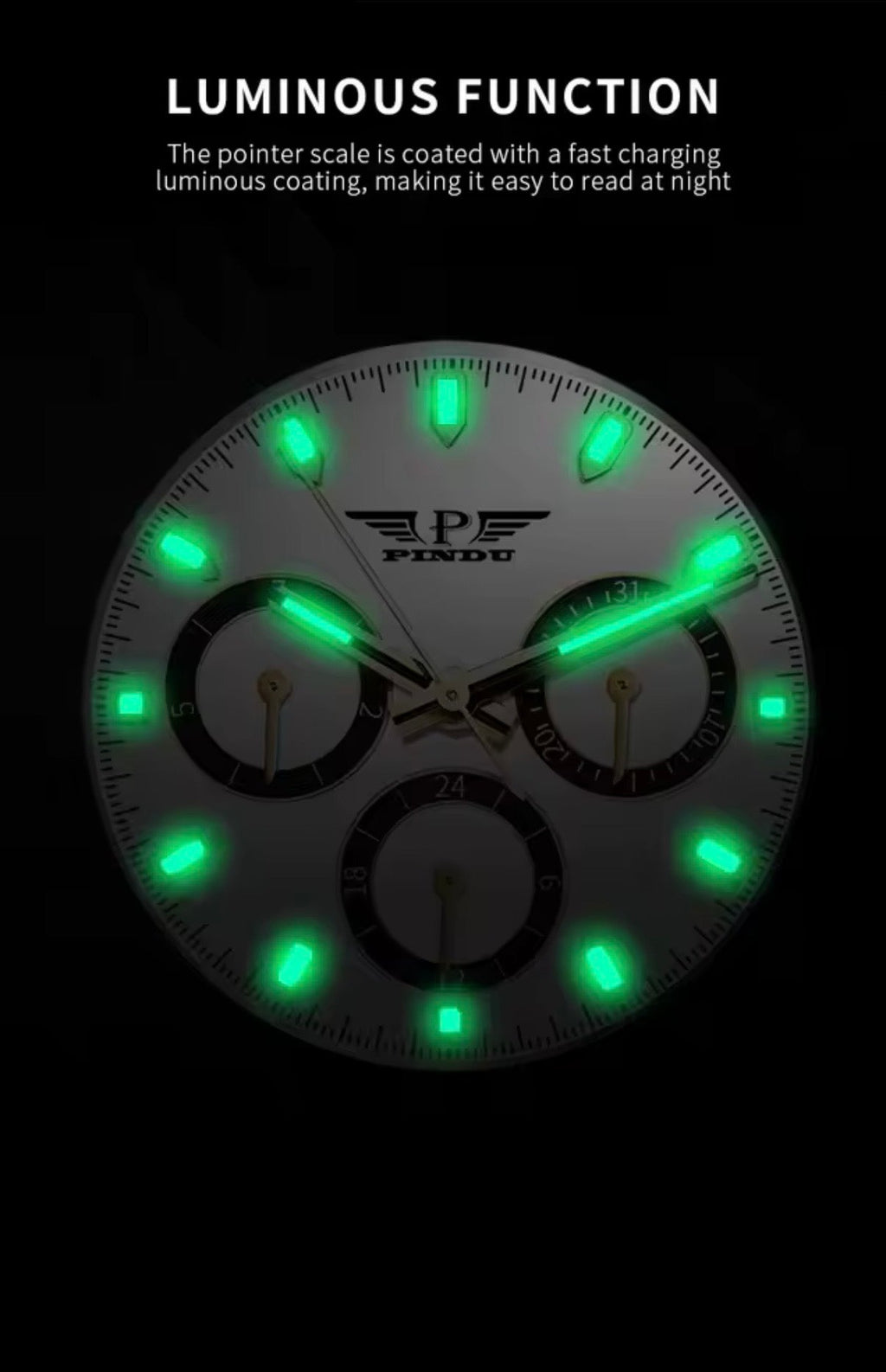 PINDU P6589 automatic chronograph watch white dial luminous hands and markers dial close-up in dark