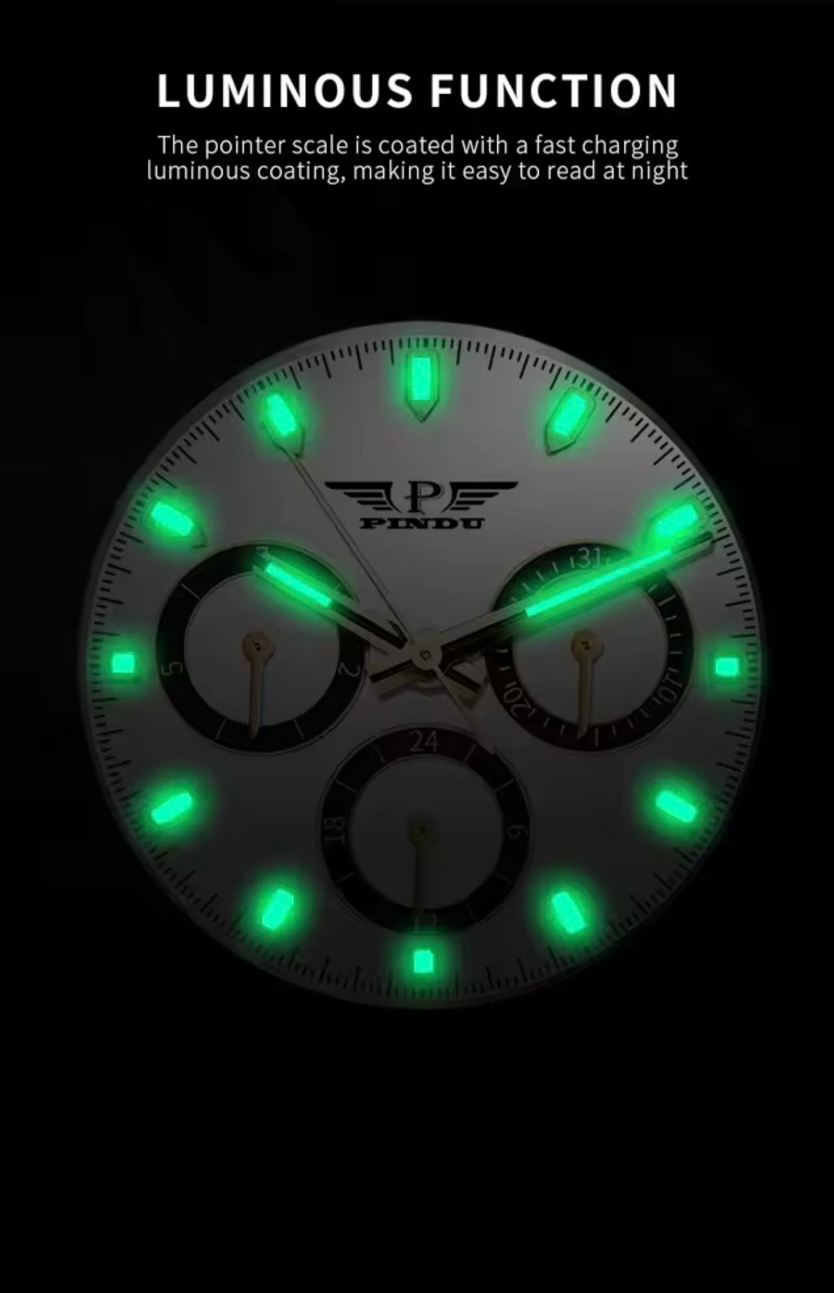 PINDU P6589 automatic chronograph watch white dial luminous hands and markers dial close-up in dark